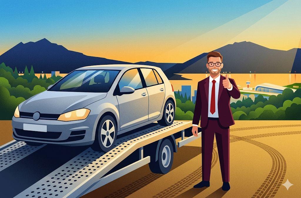Ilustração de um carro prateado sobre a plataforma de um guincho ao pôr do sol, com um motorista sorridente fazendo sinal de positivo
