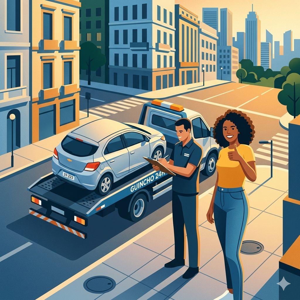 Ilustração de uma cliente sorridente fazendo sinal de positivo ao fim do atendimento do guincho na cidade