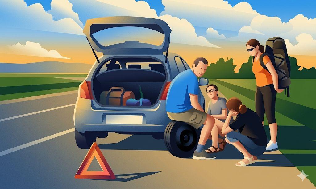 Ilustração de uma família aguardando ao lado do carro no acostamento, com o triângulo de sinalização na pista