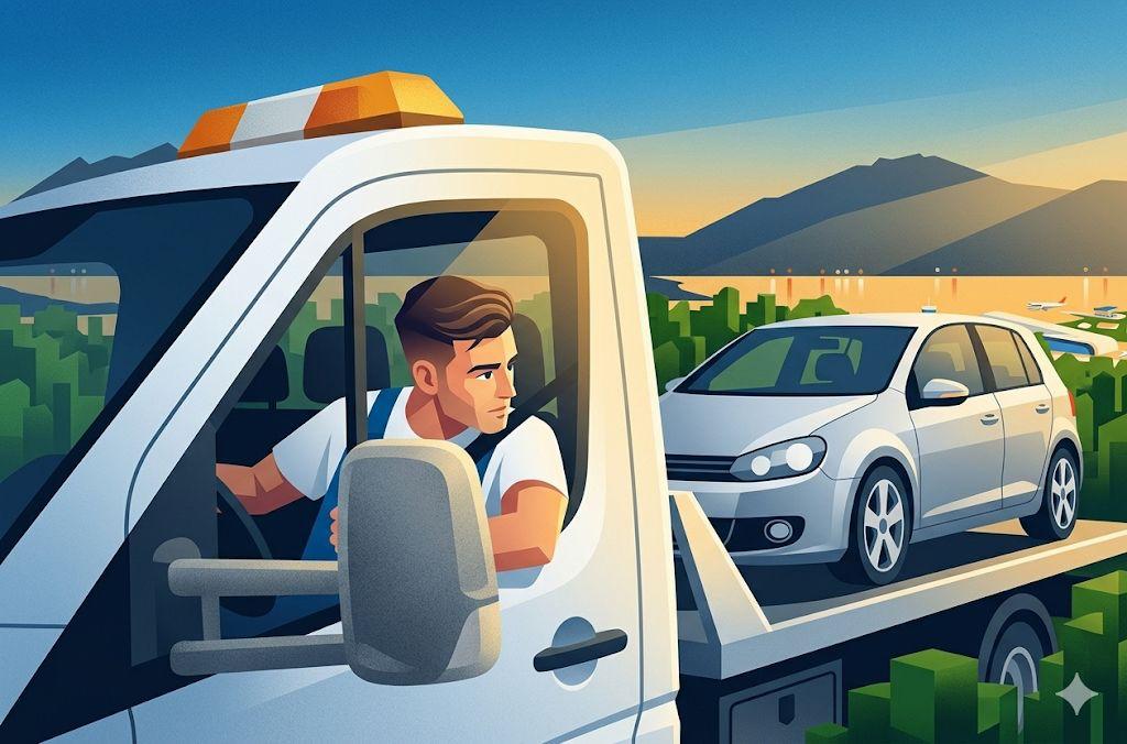 Ilustração de um motorista de guincho atento na cabine, transportando um carro na plataforma