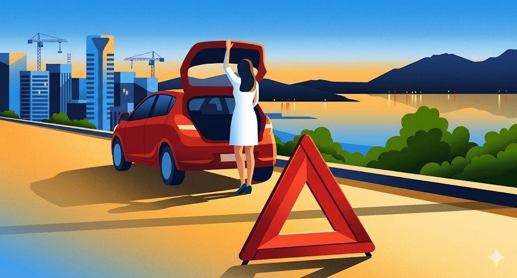Ilustração de uma mulher no acostamento com o triângulo de sinalização e a cidade ao fundo