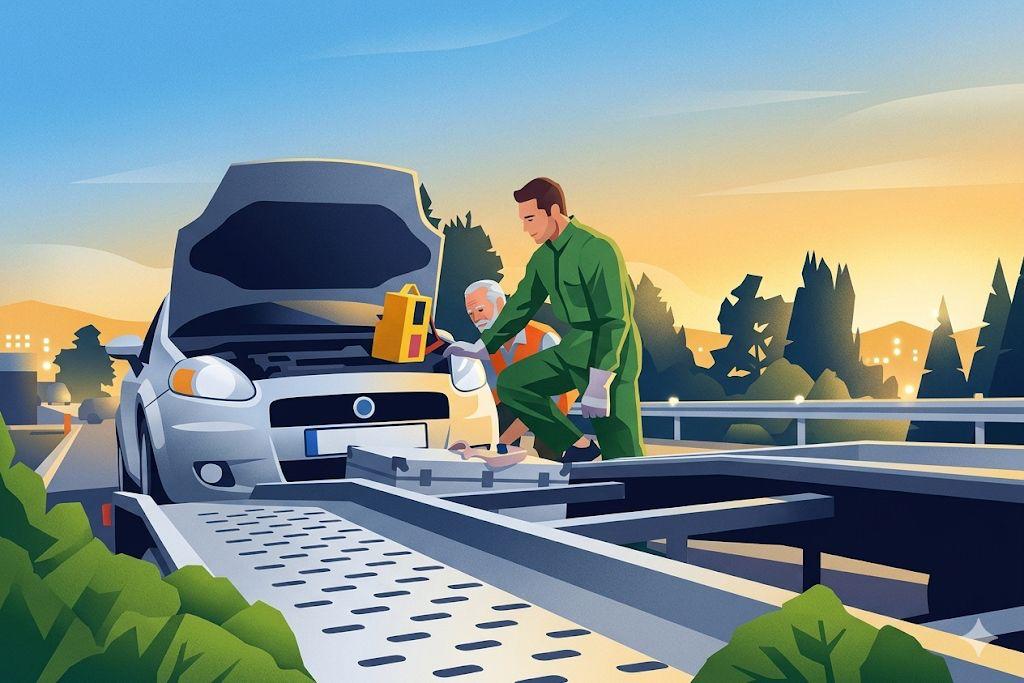 Ilustração de um socorrista ajudando um senhor de idade com o motor do carro no acostamento